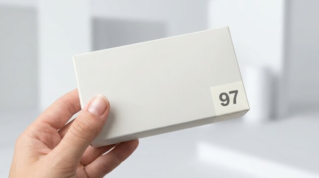 Person holding a white product box with the number 97 on it