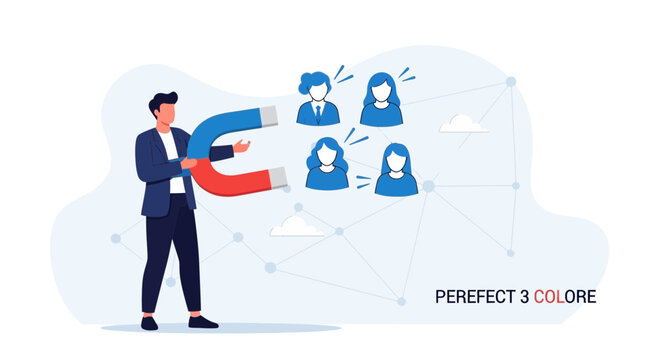 Businessman uses large magnet to attract and collect customer avatars, symbolizing lead generation and customer acquisition strategies.