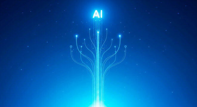 Abstract digital representation of Artificial Intelligence featuring a luminous glowing network tree structure on a deep blue gradient