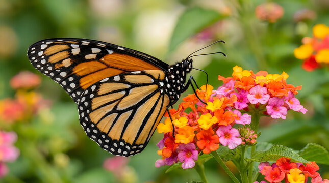 Monarch butterfly on colorful lantana flowers in a garden