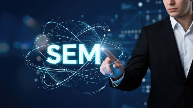 Businessman interacting with glowing sem atom symbol
