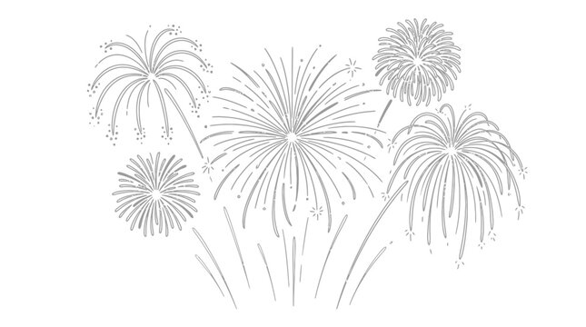 The fireworks display shows multiple explosive pyrotechnic patterns sketched in a minimalist line art style to celebrate festive occasions and nighttime events in the summer.