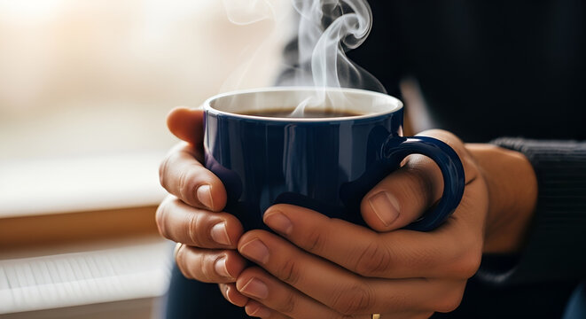 Cozy hands holding a steaming hot coffee mug - warmth and relaxation