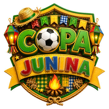 Copa Junina Soccer Festival Emblem with Straw Hat Lanterns and Bonfire Selo 3D PNG Isolated on transparent background