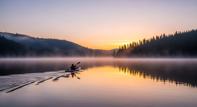 Solo kayaker paddling on a tranquil lake at misty dawn or dusk with vibrant sky and forest reflections