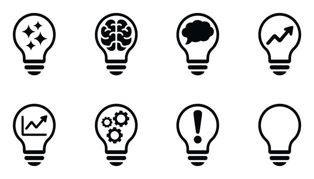 Light, bulb idea icons representing creative innovation, smart solutions, business strategy, brainstorming, entrepreneurship, knowledge sharing, and concept development symbols