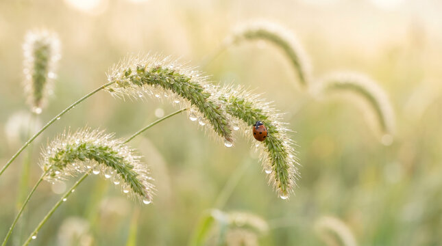 Ladybug on a curved foxtail grass with sparkling dewdrops in a golden morning field