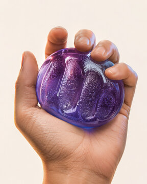 Hand holds colorful squishy toy that exhibits squish and glitch effect, providing satisfying tactile experience
