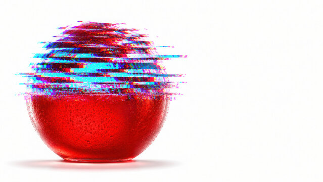 Vibrant red sphere with squish effect displays glitchy appearance, creating captivating visual experience