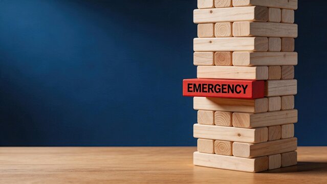 Emergency red block in wooden tower stack representing risk management and crisis preparedness concept for business continuity and safety planning strategies