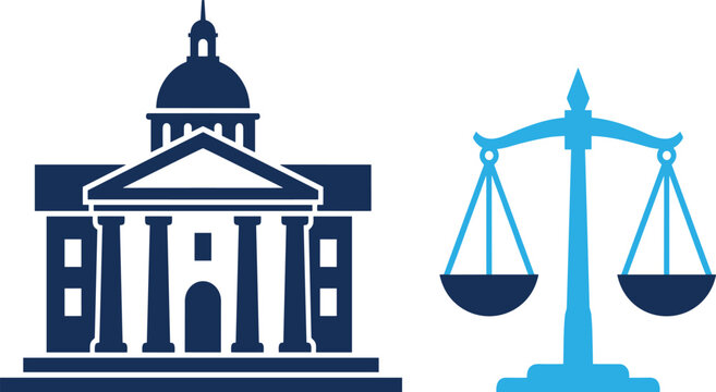 Courthouse, building, scale, justice, law, legal, system, government, authority, judge, court, architecture, pillar, dome, balance, silhouette, flat, vector, illustration, isolated