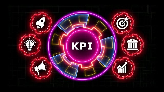 Neon performance indicators motion graphics with glowing data business icons.