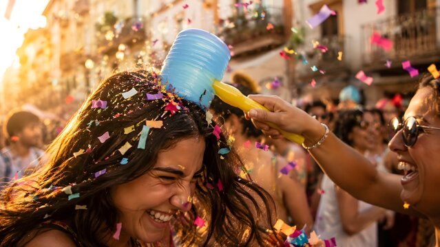 Happy woman getting tapped with a plastic hammer during Festa de Sao Joao