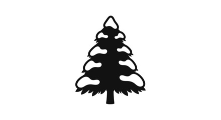 Pine tree covered in thick snow stands as a simple black silhouette against a stark white background. © yanto