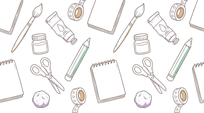 Hand Drawn Artist Tools Seamless Pattern with Paint Brush, Pencil, Scissors, Notebook, and Craft Supplies Background for Wallpaper, Textiles, and Wrapping Paper