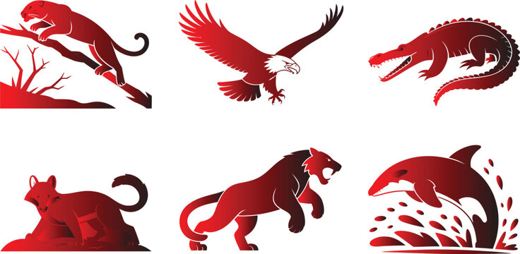Set of stylized red animal illustrations including dinosaur, bird, and mammals