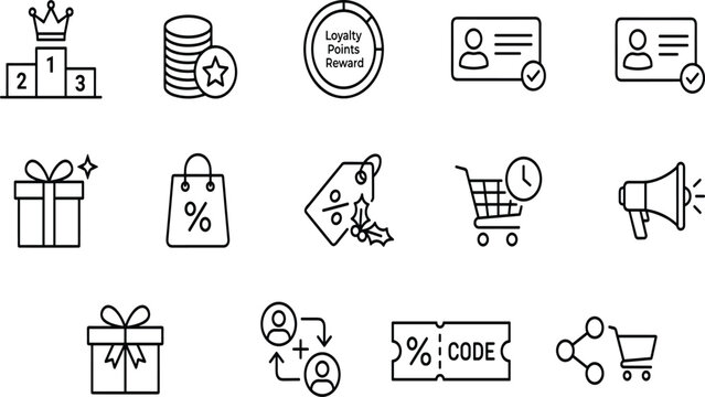 Customer loyalty program outline icons, retail shopping rewards, discount promo code, bonus reward points, referral marketing, EPS vector illustration set.