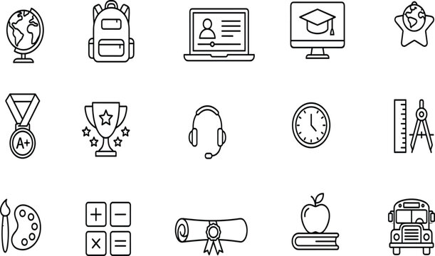 Education outline icons, online learning laptop, school bus backpack, graduation diploma certificate, trophy medal award, EPS vector graphic illustration set.