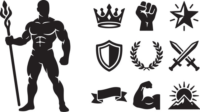 Muscular Man Silhouette with Various Icon Symbols Vector Graphic