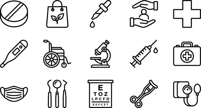 Healthcare medical hospital services line art vector icons set featuring thermometer wheelchair microscope syringe first aid kit chart