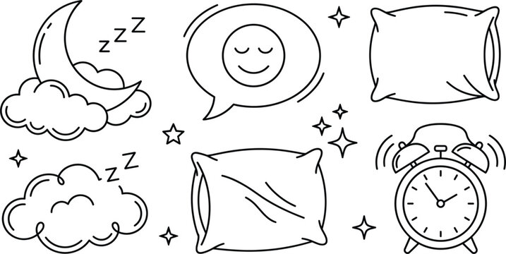 Healthy sleep and night routine doodle vector set with pillow crescent moon alarm clock cloud and sweet dreams