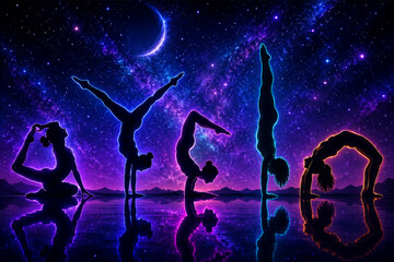 Naklejka premium night scene light yoga poses 