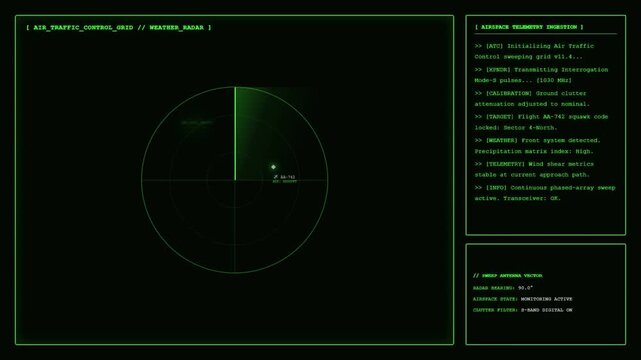 Air Traffic Control Weather Radar Grid Green Screen HUD Interface.