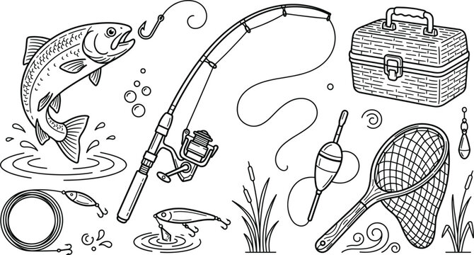 Fishing gear equipment vector icon set with rod fish hook landing net tackle box and line art elements