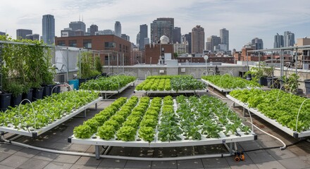 Fototapeta premium Urban Rooftop Hydroponic Farm with City Skyline