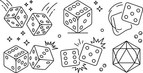Gaming dice and board game vector icon set with rolling cubes polyhedral d20 casino luck line art elements © MD