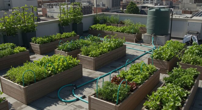 Urban Rooftop Garden with Raised Beds and Irrigation System