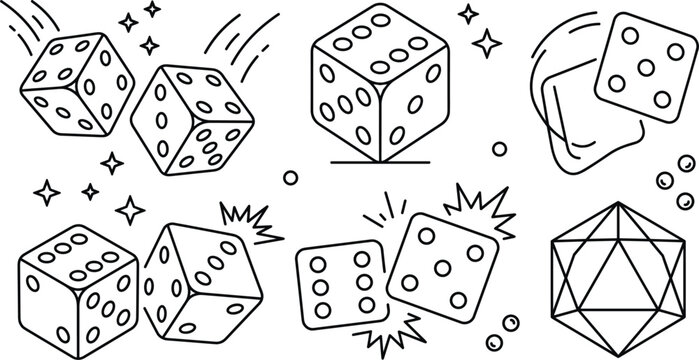 Gaming dice and board game vector icon set with rolling cubes polyhedral d20 casino luck line art elements