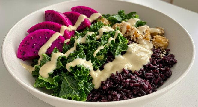 Vibrant Dragon Fruit and Kale Buddha Bowl with Black Rice