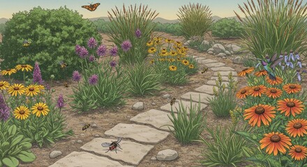 Obraz premium Vibrant Garden Path with Hummingbird and Bees