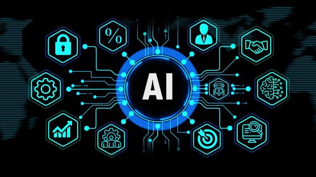  AI concept with global financial and business growth elements, Internet, technology infrastructure concept. world map background on 4k animation video.