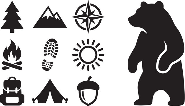 Black bear and camping icons in white background