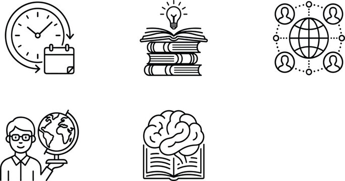 Education, online learning, school outline icon set, featuring time schedule, idea books, global network, male teacher, brain vector illustration design