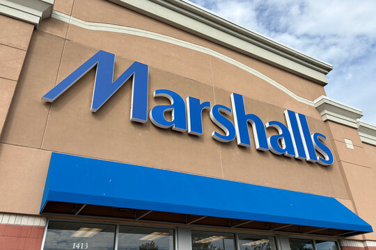 The exterior facade and logo for discount clothing retailer Marshalls in Orange, Connecticut on June 7, 2026.