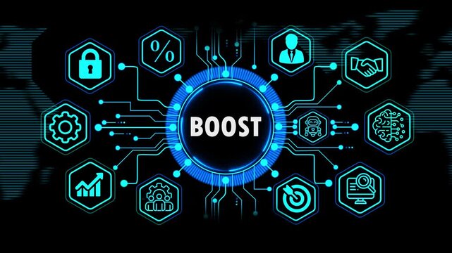  boost  concept with global financial and business growth elements, Internet, technology infrastructure concept. world map background on 4k animation video.