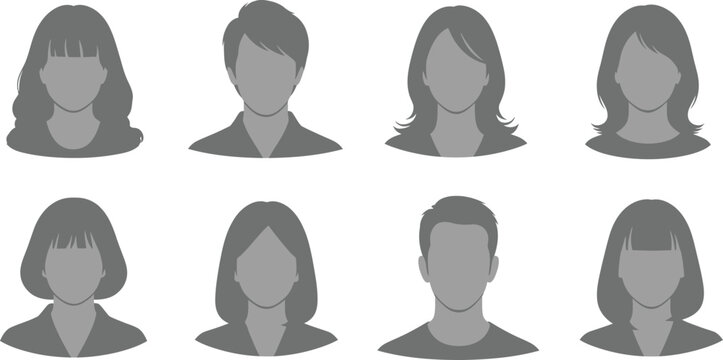 Gray silhouettes of eight diverse heads with varying hairstyles on a white background for profile avatars