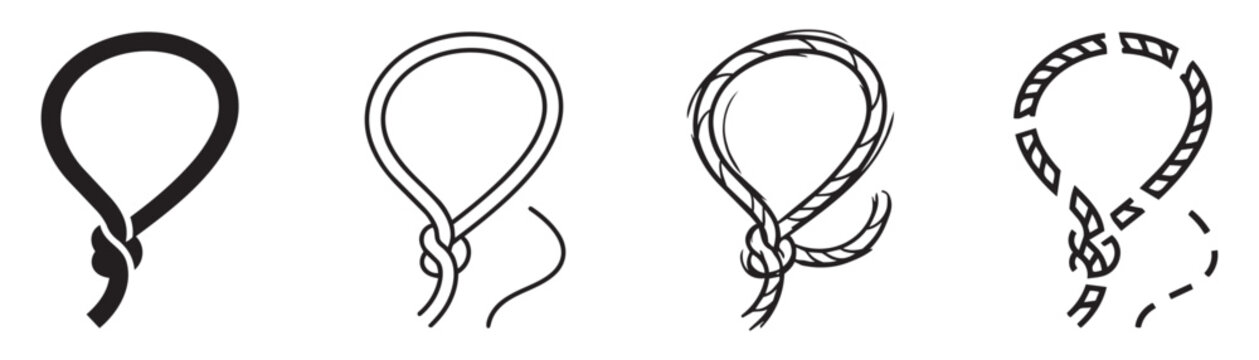 Lasso and noose symbol collection for sailing or western themes. Nautical cordage graphics in flat outline sketchy and dashed line styles for design.