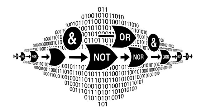 Logic gates arranged in a sequence with binary code background represent the fundamental building blocks of modern digital electronic computing systems.
