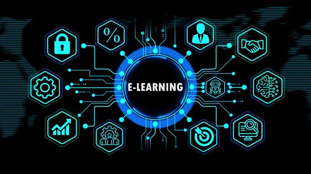  e-learning concept with global financial and business growth elements, Internet, technology infrastructure concept. world map background on 4k animation video.