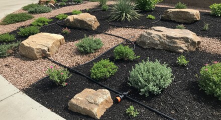 Obraz premium Xeriscape Garden with Rocks and Drip Irrigation System