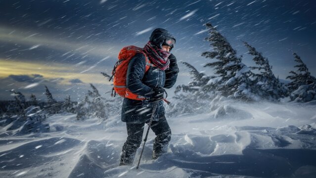 Hiker trudging through blizzard on snowy mountain trail