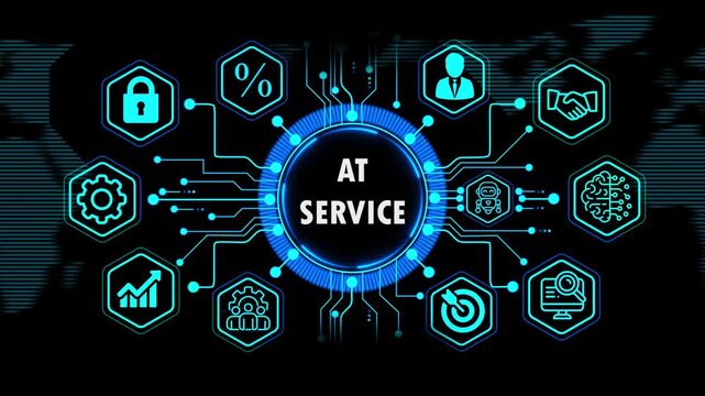  at service concept with global financial and business growth elements, Internet, technology infrastructure concept. world map background on 4k animation video.