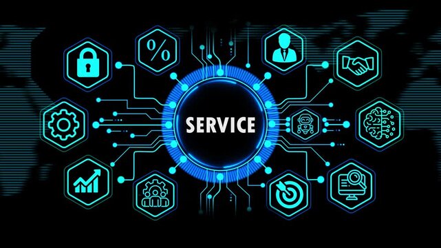  service concept with global financial and business growth elements, Internet, technology infrastructure concept. world map background on 4k animation video.