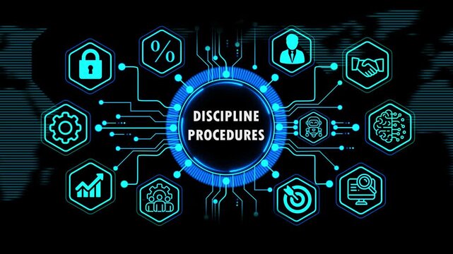  discipline procedures  concept with global financial and business growth elements, Internet, technology infrastructure concept. world map background on 4k animation video.