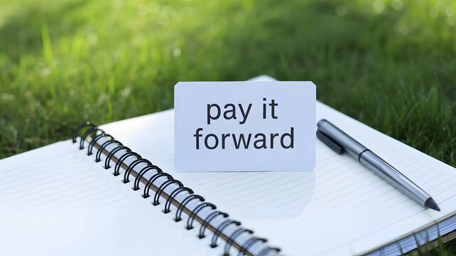 A notebook with a pen and a card that says pay it forward on a grassy background