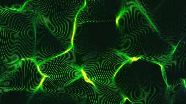 Digital landscape of neon green particle mesh waving like a grid matrix in a seamless abstract motion graphics concept